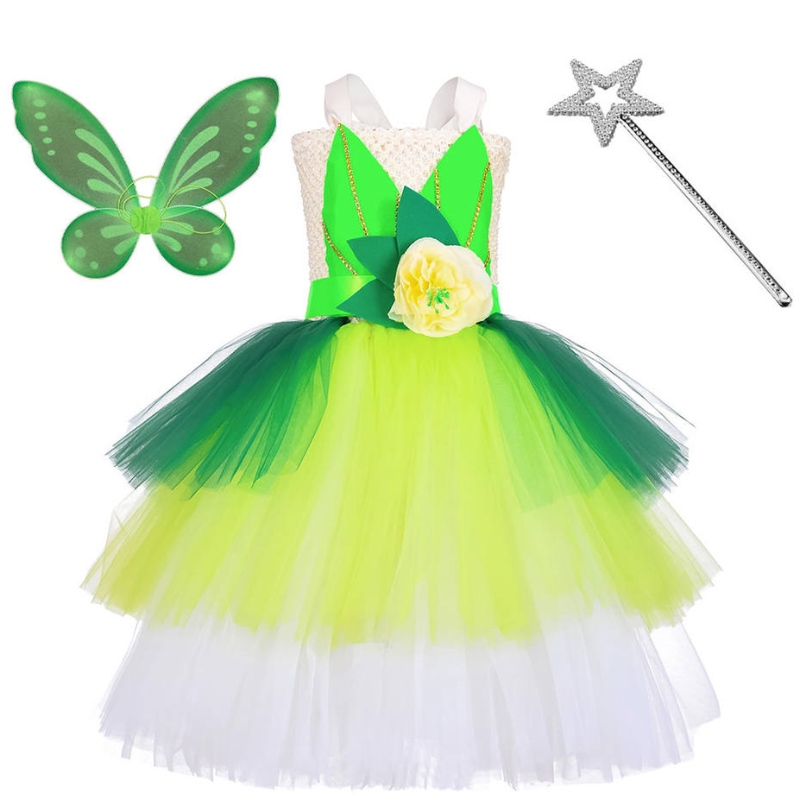 Хелоуин косплей принцеса бебе момичета парти зелено цвете фея тинкърска рокля елф костюм с пеперуди крила комплекти