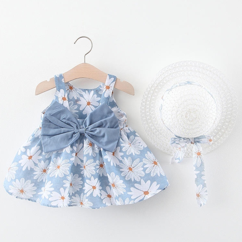 Търговия на едро 2бр летни рокли за новородени бебета момиче без ръкави за печат на плаж принцеса рокли с шапка