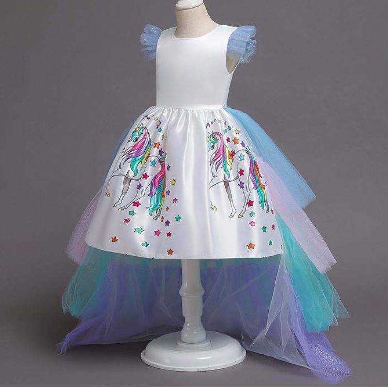 2020 г. Летни деца без ръкави Rainbow Princess Party Party Unicorn Puffy Ress с лента за глава DJS100