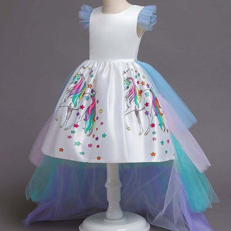 2020 г. Летни деца без ръкави Rainbow Princess Party Party Unicorn Puffy Ress с лента за глава DJS100