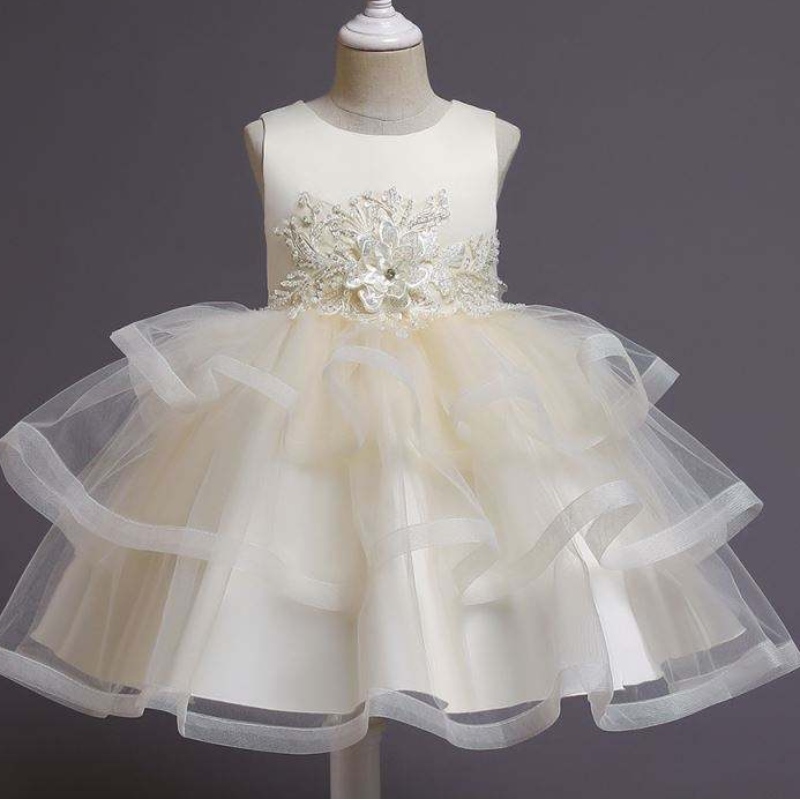 Baige Flower Girl Dress Kids Party Beam Baby Tutu Princess Dress с мъниста с дължина на коляното облекло за рожден ден