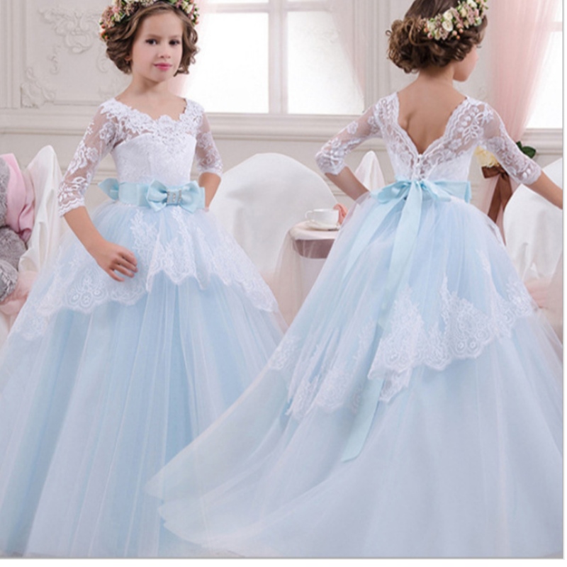 Детска сватбена рокля момиче седем четвърт ръкав дантела принцеса пола брада лък великолепна рокля
