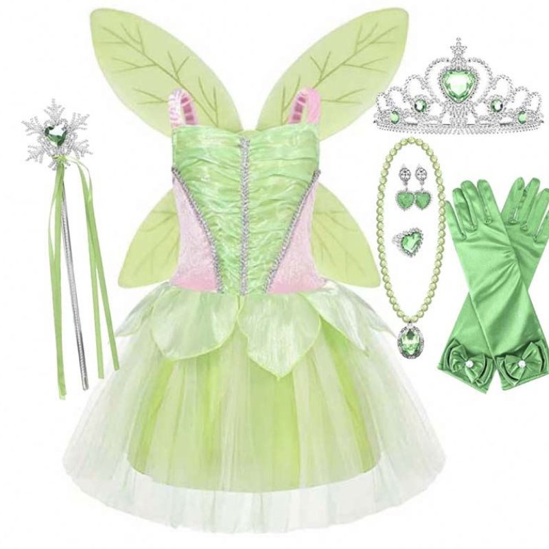 Хелоуин косплей бебешки момичета парти коледни зелени цветя фея Tinker Bell Outfit с пеперуди крила комплекти HCTB-005