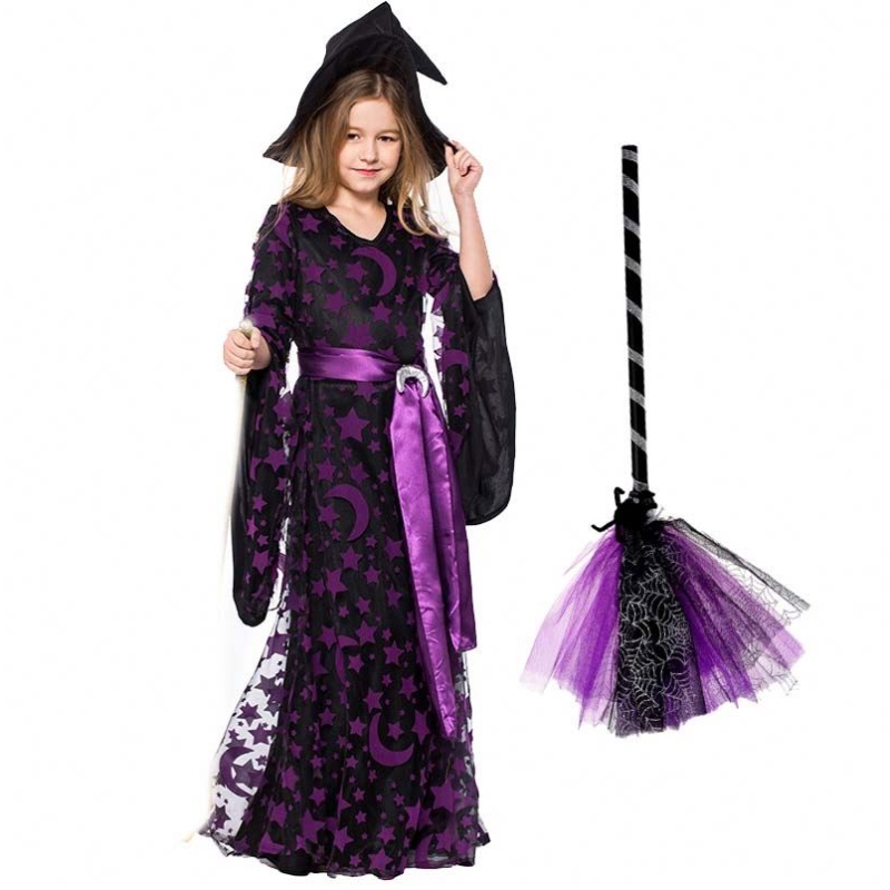 Момичета Хелоуин облича лилава нечестива вещица фантазия с шапка метла HCVM-017