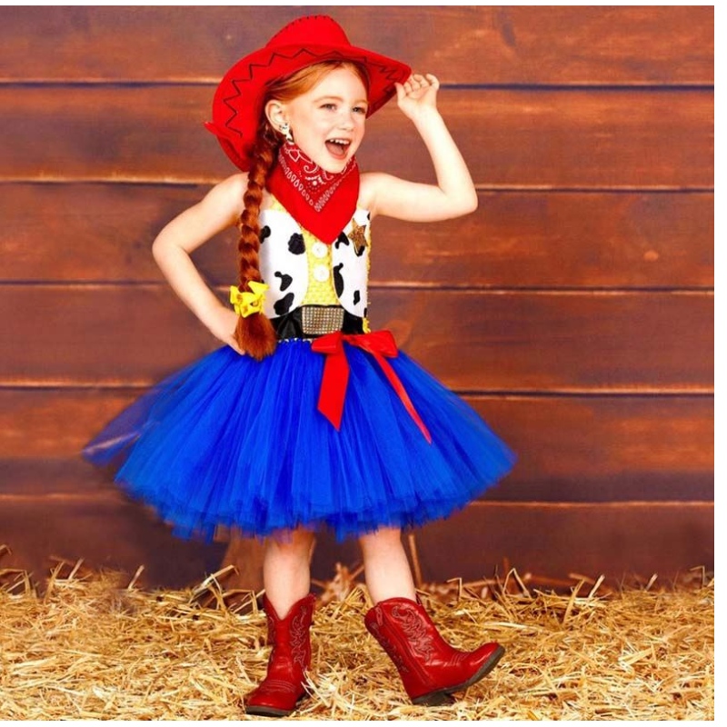 Великденски рожден ден рокля дрехи Cowgirl костюм за момиче 1-12 години с бандана каубойска шапка hcts-002