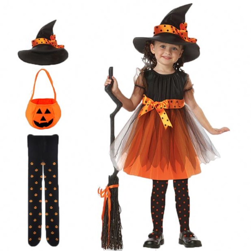 Вещица рокля дрехи комплект шапка тиквена чанта чорапогащник деца момичета Хелоуин косплей вещица костюм тийнейджъри бебе момиче рокля бебе