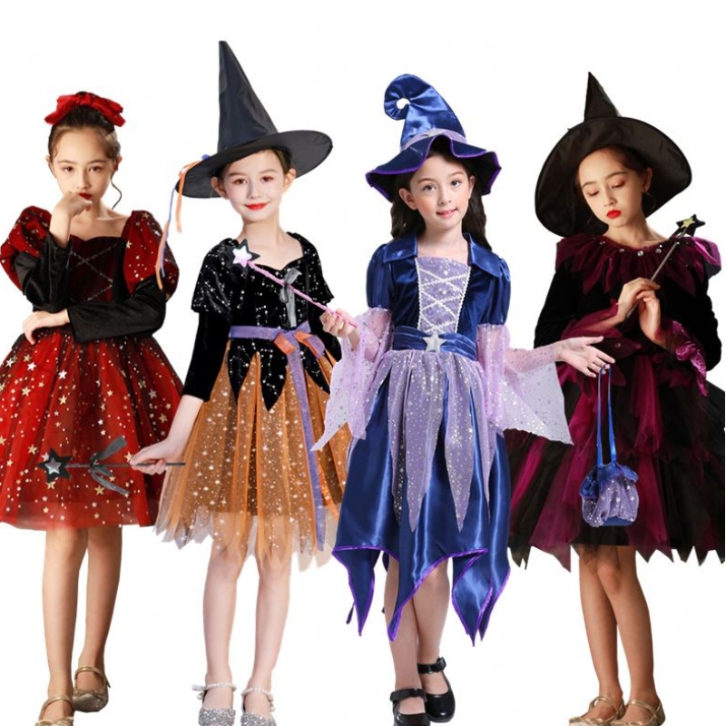 Нов вещица костюм Косплей момичета Хелоуин костюм за деца Коледа деца принцеса рокля зимно облекло с шапка