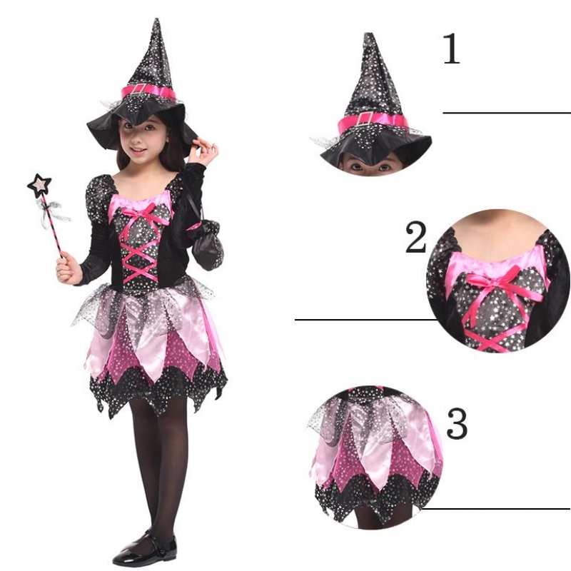 Kid Girls Wand Ress Up Clothes Halloween Witch Costume Sparkly Silver Stars Printed Cosplay Ressing с заострена шапка