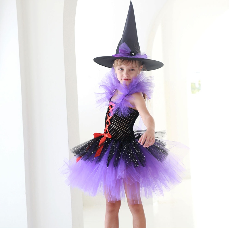 Amazon Hot Selling Tutu Witch Dress Costume за момичета с вещица шапка Хелоуин Карнавално парти